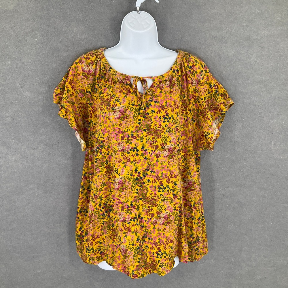 Time and Tru Top Women's Floral Print Tie Neck XXL Cotton Bohemian Peasant